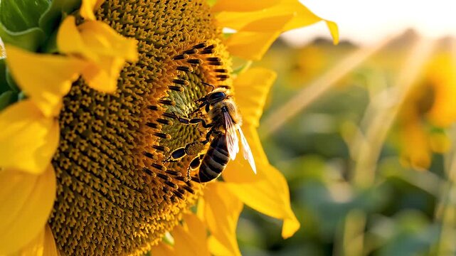 A bee collecting pollen from a sunflower in a field at sunrise from a close-up view