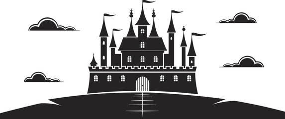 Naklejka premium Medieval fantasy castle silhouette, fairy tale palace on hill with clouds isolated on white background storybook flat vector illustration