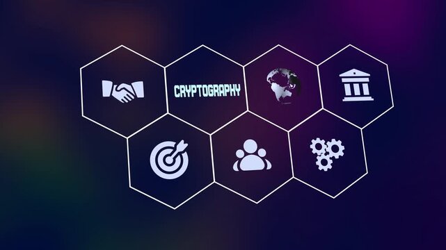 Modern cryptography digital security network technology hexagon grid icons with global globe and gears.