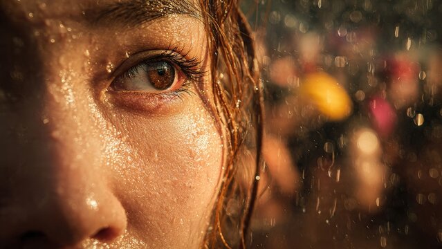 Close-up of woman's eye with water droplets on her face