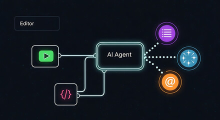 Naklejka premium AI agent workflow with editor, video, code, and data exchange