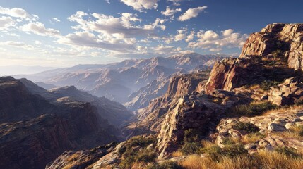 Obraz premium Breathtaking Rocky Mountains Under Blue Sky with Dynamic Clouds and Golden Grass in the Valley at Sunrise