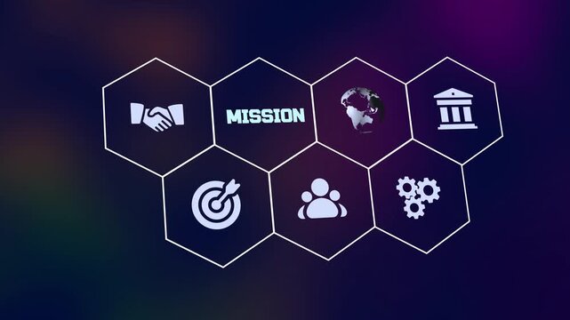 Modern corporate mission statement tech hexagon icon grid with target and dart, handshake, and global connection.