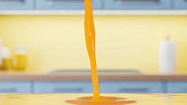 Orange liquid is pouring with a splash, on a yellow surface, and kitchen backdrop