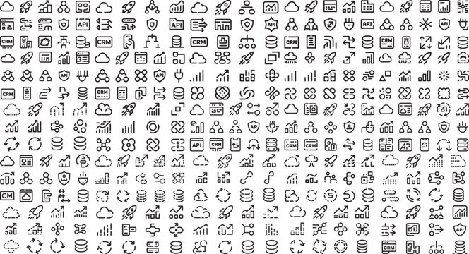 Collection of various business and technology icons on white background