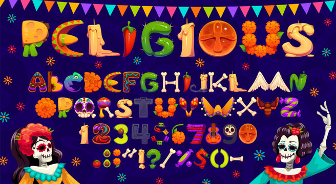 Mexican Day of the Dead font, Dia de los Muertos typeface letters of cartoon Mexico death holiday symbols. Day of Dead font english alphabet vector typography set with Catrina skulls and sombrero hats