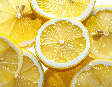 Bright yellow citrus slices, showing juicy pulp and white pith detail