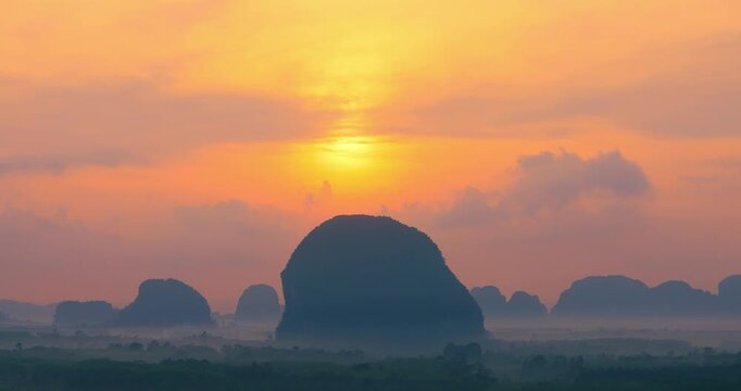 Defocus To Focus Sunrise Reveal Over Karst Mountain, Din Daeng Doi, Krabi