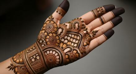 Complex geometric and floral henna pattern on single palm featuring mandalas and dark fingertips