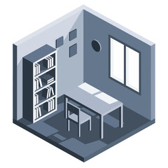 Isometric illustration of a modern study room with desk and bookshelves.