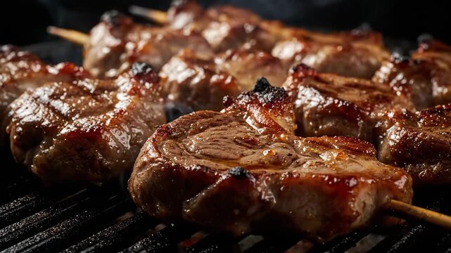 Close-up of glossy, marinated meat chops on skewers searing and smoking on a hot barbecue grill grate, showcasing juicy texture and caramelized crust.