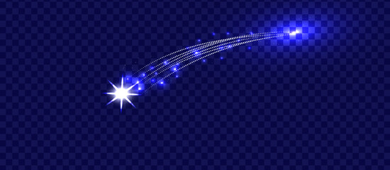 Blue glowing shooting star trail vector illustration with sparkling light streak magical comet effect isolated transparent background © Monwara67