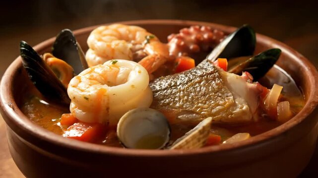 Close-up of Traditional Seafood Stew Served in a Rustic Clay Bowl, Featuring Fresh Shrimp, Mussels, Clams, and Fish in Rich Tomato Broth