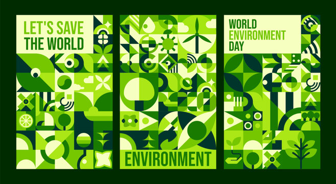 Environment posters with geometric Bauhaus pattern. Nature ecosystem protection graphic Bauhaus abstract shapes vector banner. Ecology, environment saving posters, flyers with green geometric pattern