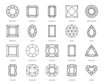 Diamond cut shapes, gemstone and jewelry luxury brilliant line icons. Vector outline gem stone diagrams of diamond cuts with heart, emerald and brilliant, square, oval, marquise and princess shapes