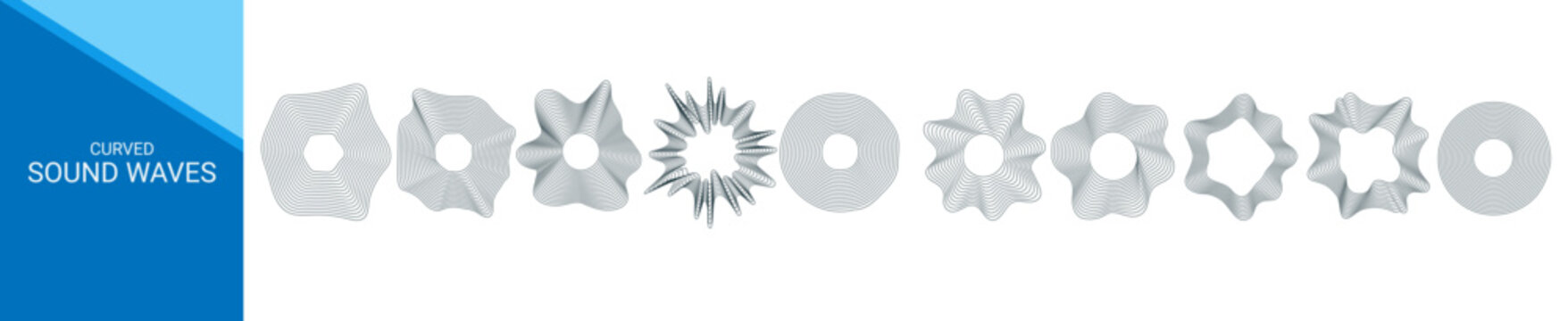 Curved sound waves vector collection with abstract circular frequency lines, modern audio waveform shapes, dynamic music visualization set
