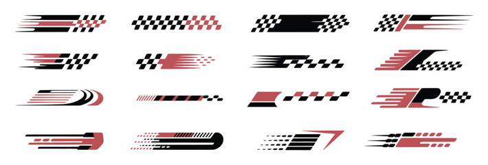 Dynamic collection of abstract speed lines, checkered patterns, and racing-inspired graphic elements in red and black for automotive and sports branding. © MDTAREQ