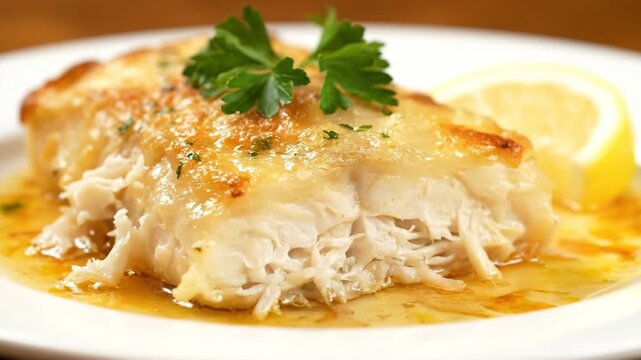 Delicious baked white fish fillet drizzled with lemon butter sauce and parsley garnish, served on a white plate in a close-up food photography setting.