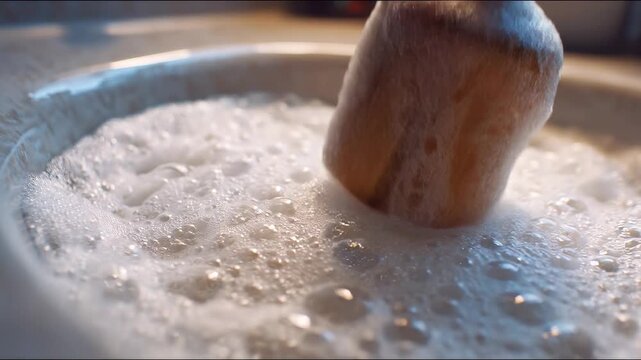 Close-up of bubbles and foam being stirred in a white bowl with a wooden spoon, creating a calming and inviting kitchen atmosphere