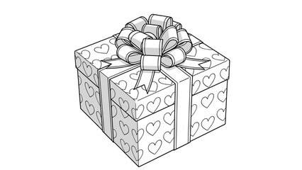 Beautifully wrapped gift box with a large ribbon bow and heart patterns shown in a detailed greyscale line art drawing.