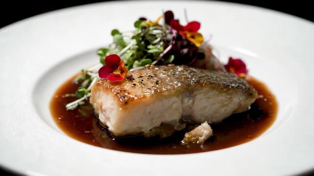 Gourmet Pan-Seared White Fish Fillet with Microgreens, Edible Flowers, and Rich Brown Sauce. Fine Dining Cuisine Presentation.