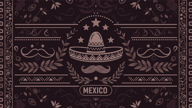 Elegant Mexican themed ornament pattern in dark shades featuring a large sombrero, stars, mustaches, and decorative leaves.