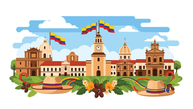 Beautiful illustration of the Cartagena city skyline with historical buildings and Colombian flags under a blue sky.