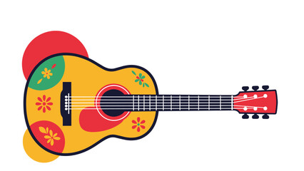 Vibrant yellow acoustic guitar decorated with colorful floral patterns and red shapes representing festive musical culture.