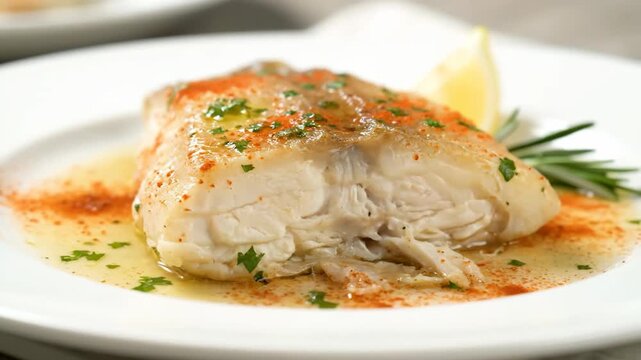 Close-up of baked or pan-seared white fish fillet in a lemon butter sauce, sprinkled with paprika and fresh parsley, served as a gourmet seafood dish on a white plate.