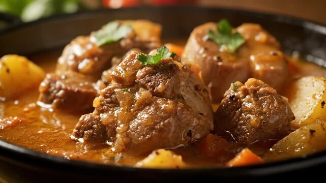 Close-up of hearty traditional beef stew or goulash with tender meat chunks, carrots, and potatoes, simmering in a rich savory sauce and garnished with fresh parsley.