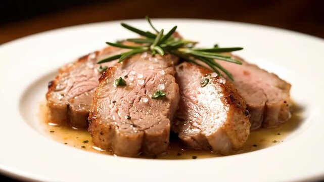 Gourmet Sliced Roasted Meat with Rosemary, Flaked Sea Salt, and Savory Jus Sauce Served on a White Plate in a Fine Dining Setting