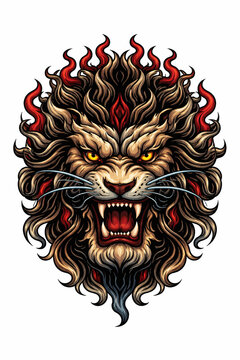 Vector Illustration of Japanese Irezumi Style Tattoo of Lion Face