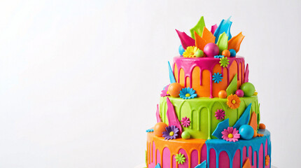 Fototapeta premium Vibrant multi-tiered birthday cake with colorful fondant and decorations