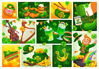 Naklejka premium Happy St Patrick's day irish holiday collage or flyers. Irish celebration vector greeting card, Ireland St Patrick day collage flyer with music instruments, beer, leprechaun hat and shoes, gold in pot