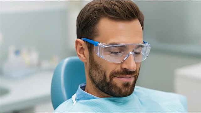 Smiling dentist wearing protective glasses and dental bib in a bright clinic, conveying a friendly atmosphere during patient consultation