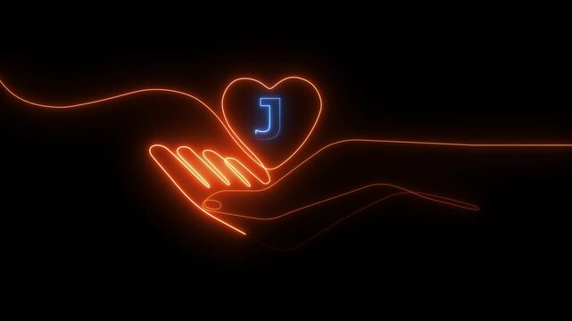 Neon Hand Holding Heart with Blue Letter J Glowing in Dark Background Abstract Animation glowing heart