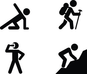 Student struggling and climbing stairs icon set representing learning challenges, academic effort, stress and educational progress isolated on white background