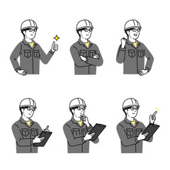 若い建設作業員ポーズセット ヘルメットと作業着の男性 現場確認 指差し説明 安全管理イラスト