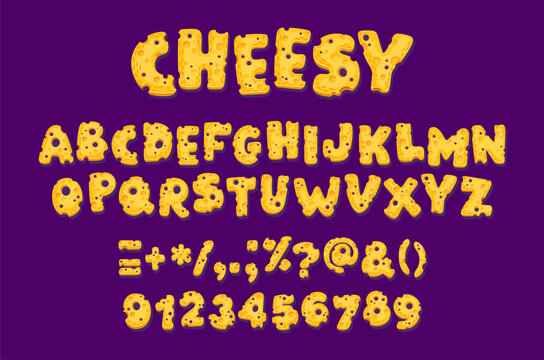 Yellow cheese font, swiss gouda and maasdam typeface dairy letters and numbers, vector food typo. Cartoon cheesy font alphabet typography set, cheese slice abc characters with holes and cream texture