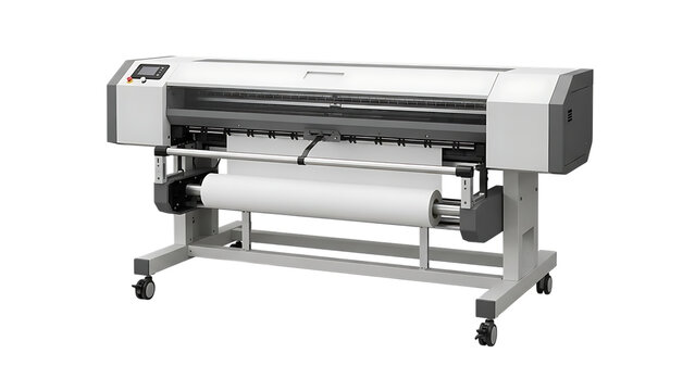 Large Format Inkjet Printer with Roll Paper Feed, Mobile Stand, Printing Setup isolated on a transparent background