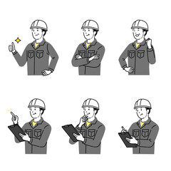 ミドルの建設作業員ポーズセット ヘルメットと作業着の男性 現場確認 指差し説明 安全管理イラスト
