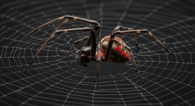 Macro view of a red back spider resting on a silken web in a dark environment