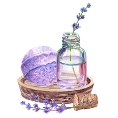 The glass bottle with aroma oil, effervescent bath ball and lavender branches