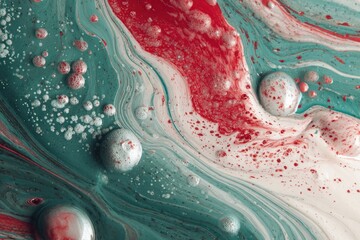 Abstract macro shot, swirling teal, red and white paints with bubbles