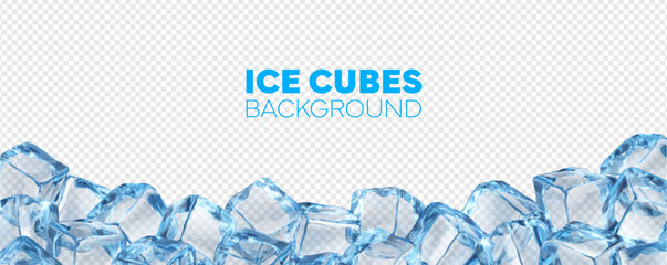 Crystal ice block cubes frame background. Vector realistic transparent blue frozen water cubes frame border line. 3d frosty ice blocks pile background with clear icy texture and glossy facets
