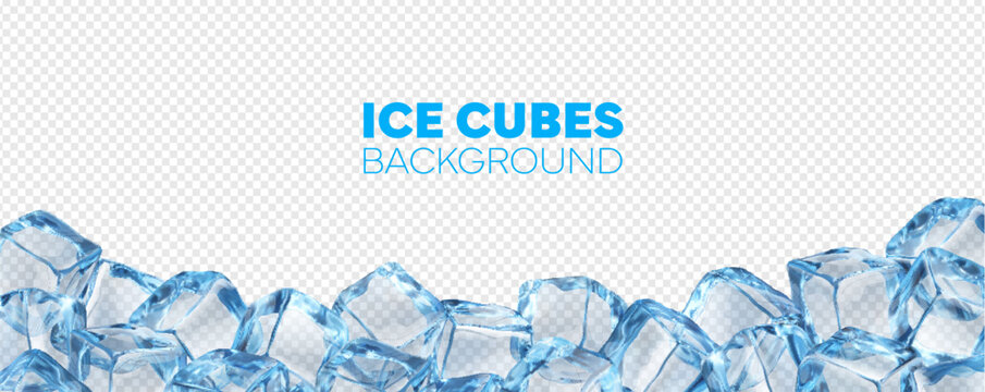 Crystal ice block cubes frame background. Vector realistic transparent blue frozen water cubes frame border line. 3d frosty ice blocks pile background with clear icy texture and glossy facets