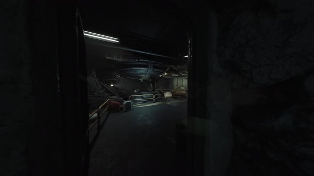 dim industrial shelter filled with stacked crates, cots and improvised workstations creating survivalist encampment vibe overhead lights flicker on metal