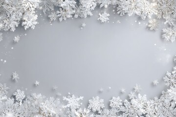 Elegant winter scene with 3D snowflakes forming a border on a gray background