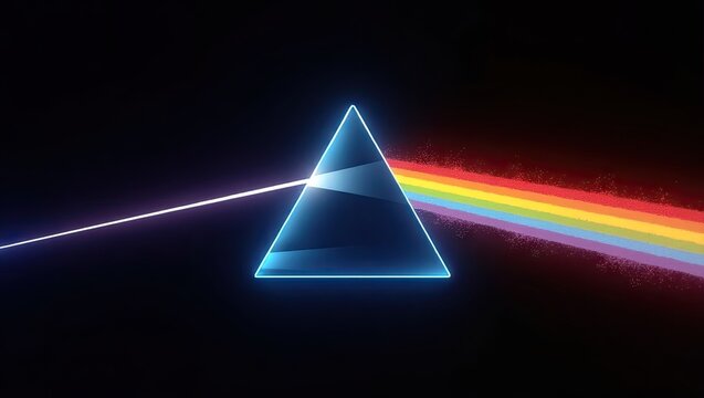 A neon-lit triangular prism splits a white light beam into a vibrant spectrum of rainbow colors against a black backdrop.