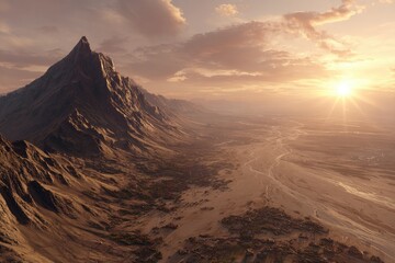 Majestic mountain range at sunset, vast valley, sunburst, golden light